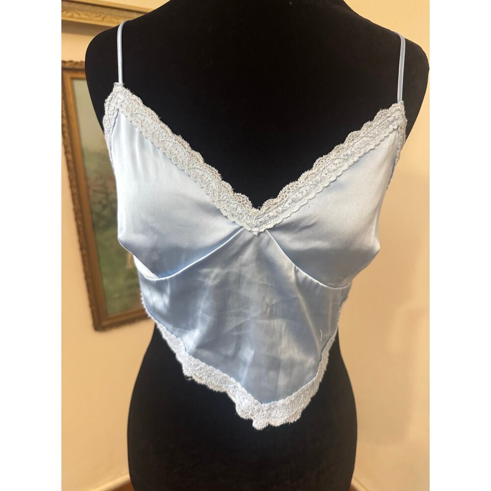 Blue Satin Lace Trim Handkerchief Hem Cami Y2K Smocked Back Small - Picture 1 of 10